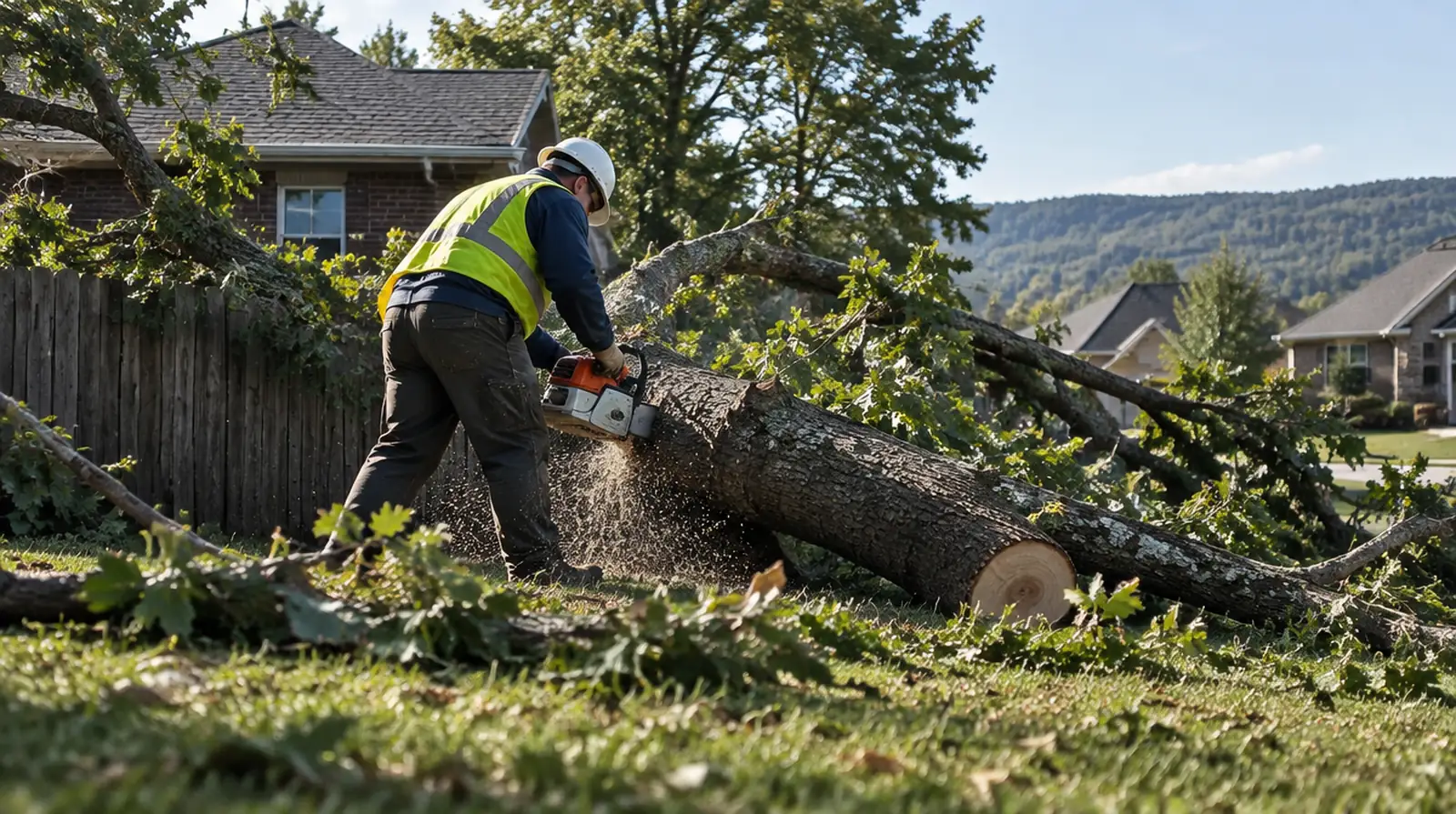 Crew clearing a storm-fallen tree in Centerton, AR