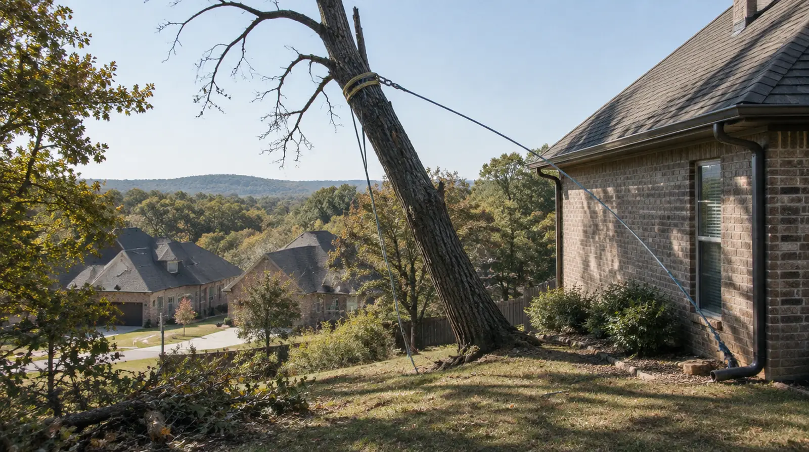 Hazardous leaning tree being rigged for removal in Centerton, AR
