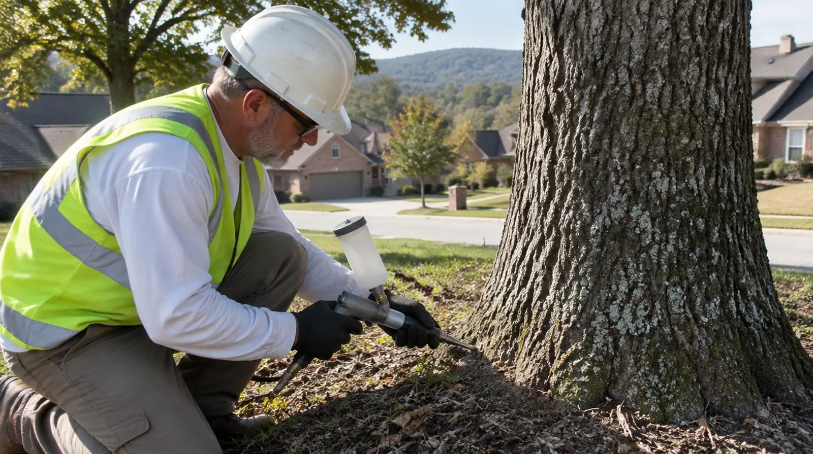 Arborist treating a tree trunk for disease in Centerton, AR