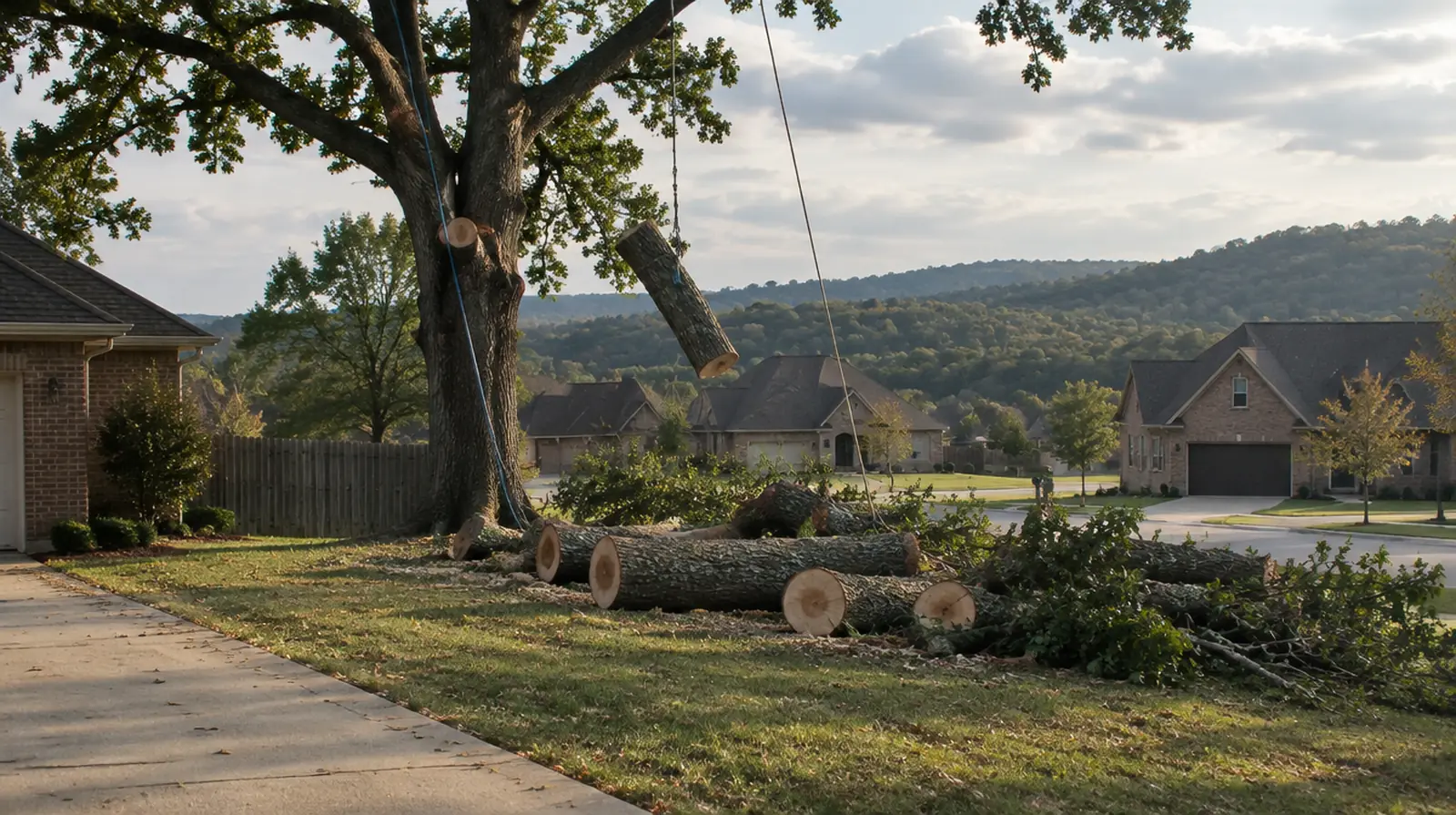 Tree being removed in sections in Centerton, AR
