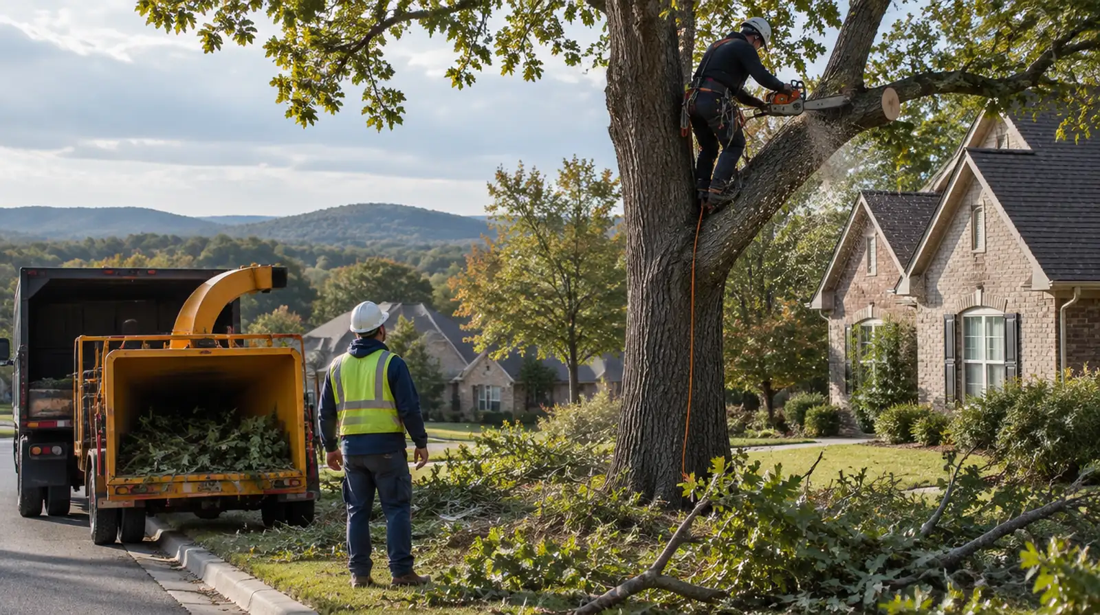 Tree service crew trimming a tree beside a home in Centerton, AR