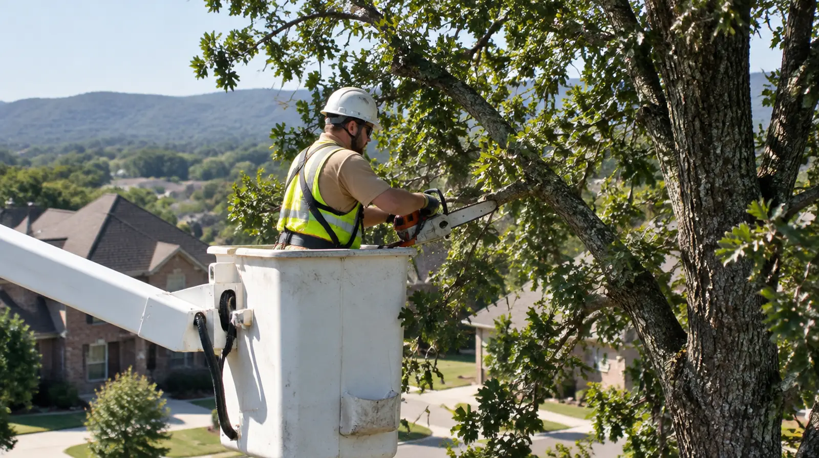 Arborist trimming tree branches from a bucket lift in Centerton, AR